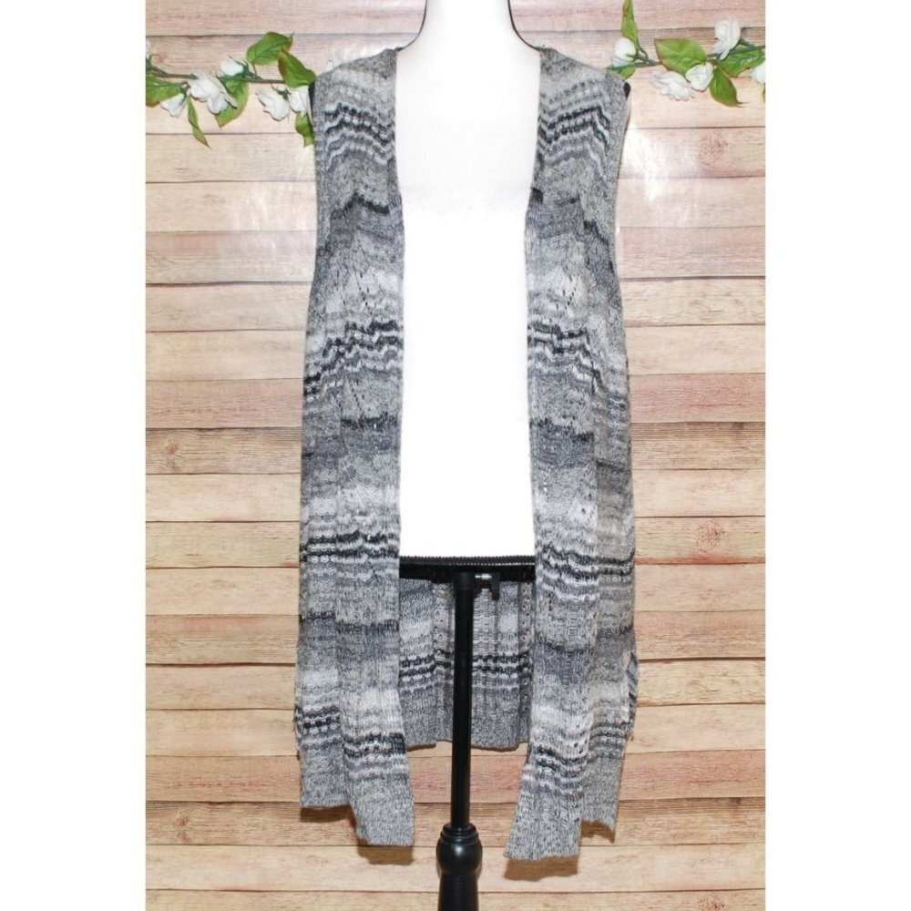 99 Jane Street Gray Striped Open Front Duster Cardigan Sweater Size M Sleeveless
